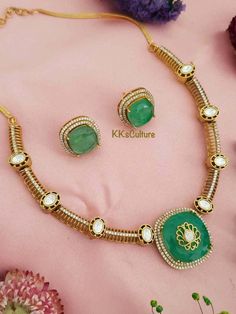 Finish your look with elegance in this timeless jewelry set! Trendy and stylish necklace embedded with Polki Kundan, beautiful gold inlay on mint green doublet stone finished with American diamond detailing. Overall Gold Finishing. Matching earrings included. Speciality chain adjustable. Traditional Look Contemporary Concept!! Exclusively created to add that special touch to your personal event!! ✅Check other styles available in our store https://www.etsy.com/shop/KKsCulture ✅Please check item d Elegant Green Gold Plated Jewelry Sets, Elegant Gold Plated Green Jewelry Sets, Elegant Green Gold-plated Jewelry Sets, Green Elegant Design Necklace For Gift, Elegant Green Kundan Necklace As Gift, Elegant Green Kundan Necklace Gift, Elegant Green Necklace For Gift, Elegant Green Kundan Necklace For Anniversary, Elegant Green Round Kundan Necklace For Anniversary