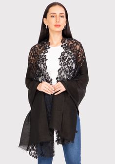 Crafted from a very comfortable and light blend of linen and modal, this wispy black scarf is emboldened with a substantial tonal black leaf patterned lace giving it a distinctive yet utterly feminine look. A gorgeous accessory to any day time wear. Elegant Black Lace Shawl, Elegant Black Shawl For Fall, Black Leaves, Day Time, Black Scarf, Lace Border, New Launch, Feminine Look, Black Linen