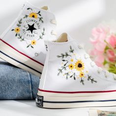 Welcome to LunnNest, a hand embroidered items shop. These are the most meticulously embroidered shoes that I give to you. I embroider them carefully and thoroughly with skillful hands. Converse type: Converse High Tops Chuck Taylor Converse color:  13. 1970s  White Price includes: Shoes + Embroidery as Pictured I can buy it for you at a store near your home or you can send me the canvas shoes you have available. Your embroidered Converse, Vans shoes are ready to ship in 8-16 days. I need this ki Sunflower Converse Embroidery, Embroidered Sneakers For Spring, Embroidered Closed Toe Sneakers For Spring, Spring Embroidered Sneakers, White Sneakers With Appliques For Summer, Multicolor Embroidered Sneakers For Summer, White Embroidered Sneakers For Summer, White Converse Painting Ideas, Converse Sunflower