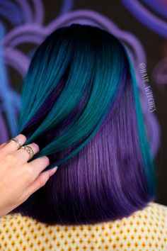 Layered Colors Hair, Fun Hair Color For Dark Hair, Fun Halloween Hair Color, Short Hair Color Ideas Purple, Gem Tone Hair, Crazy Hair Colour Ideas, Green And Purple Peekaboo Hair, Long Colored Hair Men