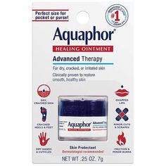 Aquaphor is one essential solution for many skin care needs; use on dry, cracked skin, as a lip moisturizer, facial moisturizer, hydrating mask, minor wound care and much more. This Aquaphor Healing Ointment is designed specifically for dry, compromised skin and clinically proven to restore smooth, healthy skin. This Aquaphor jar is the perfect size for your purse or gym bag, and can be used as a replacement for a lip balm or travel size hand cream. Different from a body lotion or cream, this Mini Aquaphor, Travel Size Lotion, Dry Hand Skin, Dry Skin Body, Extremely Dry Skin, Healing Ointment, Cracked Skin, Mini Jars, Healing Therapy