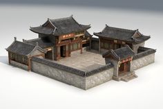 an image of a chinese style house with stone walls and roof tiles on the outside