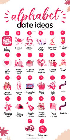 a poster with the words alphabet date ideas in red and pink, including letters that spell out