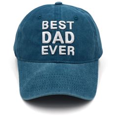 a blue hat with the words best dad ever embroidered on it, against a white background