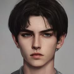 an artist's rendering of a young man with dark hair and brown shirt on