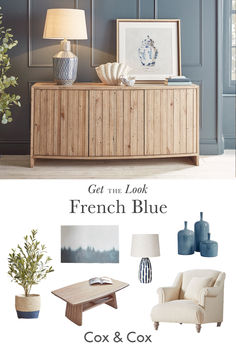 the french blue color scheme is shown in this living room with white furniture and accessories