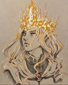 a drawing of a woman with fire coming out of her hair and wearing a crown