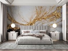 a bedroom with marble walls and flooring, gold accents on the headboard is pictured in this image