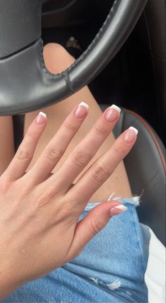 white French tip short style nails inside car with mid thigh denim shorts, clean girl aesthetic White French Tips Short Square, White French Tip Acrylic Nails Square, Cute White French Tip Nails Acrylic, Cute Nails Acrylic Short French Tip, French Tip Coffin Short, Short White Tip Nails With Design, White Short French Tips, Nail Designs French Tip White, French Tip Nails White Short