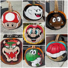 several pumpkins painted to look like mario kartman and other cartoon character characters