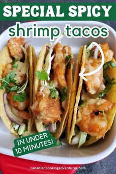 SPICY SHRIMP TACOS WITH CREME SAUCE Cabbage Slaw For Tacos, Healthy Shrimp Tacos, Spicy Shrimp Tacos, Creamy Avocado Sauce, Healthy Tacos, Canadian Food, Pasta Dinners