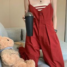 Lasaky - Vintage Red Overall Jumpsuit with High Waist, Floor-Length Straight Leg Pants, and Strapless Top High Waist Jumpsuit, Overalls Vintage, Overall Jumpsuit, Loose Fitting Dresses, New Chic, Pant Length, Short Jumpsuit, Solid Tops, Wide Leg Jumpsuit