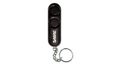 a black key chain with two speakers attached to it's side and the word, sound