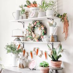 the shelves are filled with plants and other things to decorate on top of each shelf