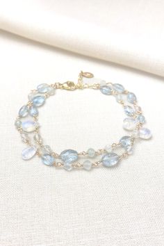 Aquamarine and Moonstone Bracelet - Marshcreekjewelry Crystal Bead Jewelry, Moss Aquamarine, Aquamarine Bracelet, Layered Chain, The Lobster, Moonstone Bracelet, Gemstone Beaded Bracelets, Message Jewelry, Layered Bracelets