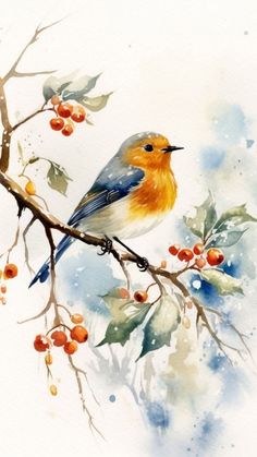 a watercolor painting of a bird on a branch with berries