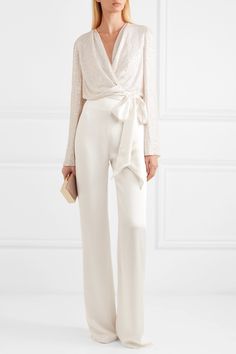 Ivory Penelope satin-trimmed sequined silk-chiffon wrap top | Jenny Packham | NET-A-PORTER Monochromatic Dressing, Chiffon Wrap Top, Top Net, Chiffon Wrap, Jenny Packham, Wrap Blouse, Ladies Dress Design, White Pants, Wrap Top