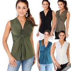 Womens Sleeveless Silky Knot Front Plunge V Neck Blouse Ruched Vest Top Party | Clothes, Shoes & Accessories, Women's Clothing, Tops & Shirts | eBay! Elegant Ruched Tank Top For Party, V-neck Tank Top For Party, Sleeveless Ruched Top For Evening, Ruched Sleeveless Evening Top, Sleeveless Ruched Party Tops, Party V-neck Ruched Tops, Ruched V-neck Tank Top For Party, V-neck Ruched Tank Top For Party, Sleeveless Ruched Blouse For Spring