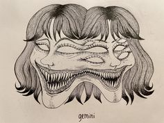 a drawing of a man's face with long hair and fangs on his head