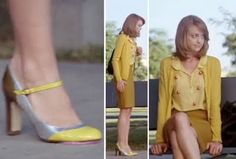 a woman in yellow is sitting on a bench wearing high heels and a yellow jacket