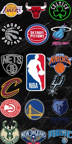 many different logos are shown in this graphic design style, including basketballs and other sports teams