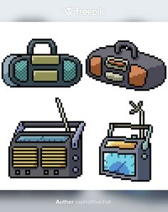 four different types of old school radio and boomboxes are depicted in pixel art