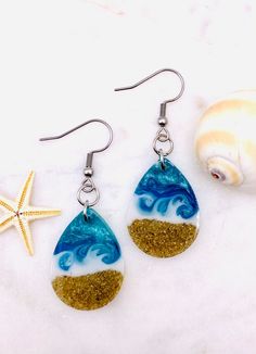 Teal Blue Ocean Waves Teardrop Resin Earrings Hypoallergenic - Etsy Netherlands Resin Earrings For Summer Beach, Summer Beach Resin Earrings, White Resin Earrings For The Beach, Blue Ear Wire Earrings For The Beach, Blue Summer Style Jewelry Gift, Summer Style Blue Jewelry Gift, Blue Resin Jewelry For Summer, Gold Dangle Teardrop Earrings For Beach, Resin Dangle Earrings For Beach