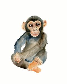 a watercolor painting of a monkey sitting on the ground with its legs crossed and eyes wide open