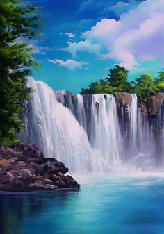 a painting of a waterfall with blue water