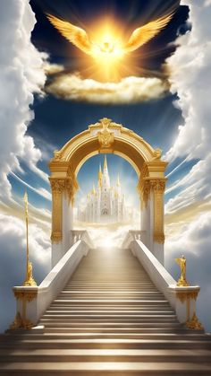 an arch leading to the sky with clouds and a golden angel above it in front of a castle