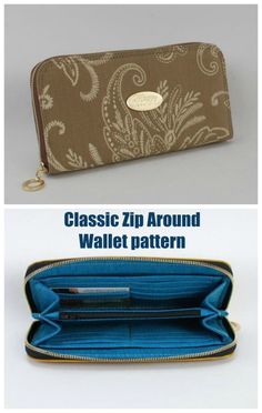 two different types of wallets with the words classic zip around wallet pattern on them