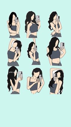 a woman taking a selfie with her cell phone in various positions and holding a camera