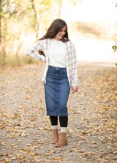 Bryn Denim Midi Skirt | Inherit Co. Activewear Dresses, Modest Fall Outfits, Jean Skirt Outfits, Modest Outfit Ideas, Leggings Style, Modesty Outfits, Cute Modest Outfits, Denim Skirt Outfits, Outfits Modest