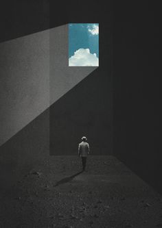 a person standing in the middle of a dark room with a sky and clouds above