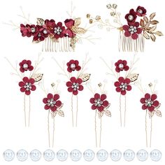 PRICES MAY VARY. Material: Every hair side comb or hair pin is handmade by high quality alloy decorated with fabric flower, artificial rhinestones and pearls. Excellent materials make these wedding headpieces more elegant, unique and pretty. Main Color: Wine red. What You Get: 20pcs in total as photo show (2pcs flower hair side combs+6pcs U-shaped flower hair pins+12pcs twist pearl hair pins) in the good package. Size: See the size photo on the left. Different sizes and styles are enough for you to do your hair styles. Design: Well made bridal hair accessories. Flower hair side combs and hair pins with artificial rhinestones and pearls decoration. Beautiful look and easy to use. They are good assistant for you to DIY your own hairstyles. Make women, brides, bridesmaids or flower girls more Hair Styles Design, Own Hairstyles, Bridal Hair Accessories Flower, Wedding Hair Side, Headpiece Accessories, Flower Hair Pins, Side Comb, Wedding Headpieces, Pearl Decorations