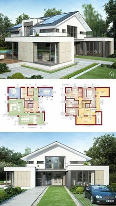 two different views of the same house from each side, one with an open floor plan and