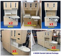 four different views of the bathroom cabinets with doors and drawers, all in various sizes