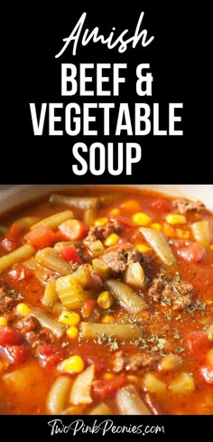 Image with text that says Amish beef and vegetable soup with an image of soup below Vegetable Soup With Ground Beef, Hamburger Vegetable Soup, Beef Soup Recipes, Veg Soup, Soup With Ground Beef