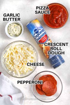 ingredients to make pizza sauce on a white surface with text overlay that reads, how to make pizza sauce