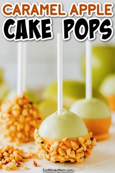 caramel apple cake pops with text overlay