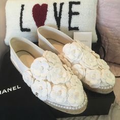 Authentic Chanel Espadrilles! Never Worn, Beautiful Cream Tweed Camellia Flower Embellished Espadrilles With A Silver Cc Logo On Each Shoe. Size 41, Know Your Size They Run Small. Come With Dust Bags And Box. No Trades! Chanel Espadrilles, Shoes Chanel, Camellia Flower, 3d Flowers, Cc Logo, Espadrille Shoes, Chanel Shoes, Wedding Sneaker, Wedding Shoe