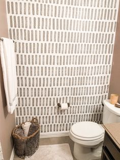 a white toilet sitting in a bathroom next to a wall mounted towel rack and sink