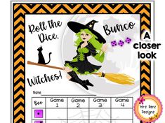 a halloween themed calendar with a witch flying on a broom and the words roll the dice,