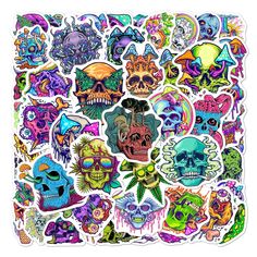 an assortment of colorful stickers on a white background with lots of skulls and monsters