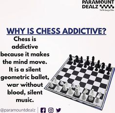 a chess board with the words, why is chess adictive? and an image of a pawn on it