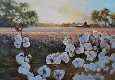 a painting of cotton flowers in a field