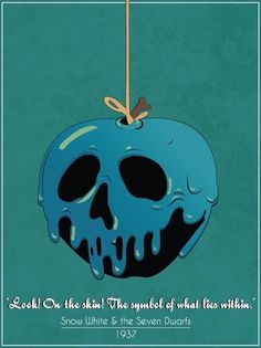 an apple with a skull hanging from it's side and the words, look at the