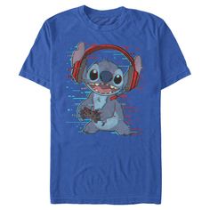 Ohana means family, and that means no tee gets left behind with this officially licensed Disney Lilo & Stitch Red and Blue Gamer Men's Tee! This adorable design features Stitch wearing a gaming headset and holding a videogame controller. Your popularity will skyrocket once you wear this new graphic tee, so grab one for yourself today! Themed Blue T-shirt For Fan Merchandise, Disney Fan Apparel Short Sleeve T-shirt, Disney Fan Apparel T-shirt With Short Sleeves, Blue Graphic Print T-shirt For Disney Fan Events, Blue Graphic Tee For Disney Fan Events, Blue Disney Tops For Fan Merchandise, Blue Disney Fan Merchandise Top, Blue Mickey Mouse Crew Neck T-shirt, Disney Short Sleeve T-shirt For Streetwear