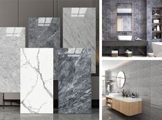 marble tiles in different styles and colors are displayed on the wall next to each other