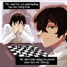 two people sitting at a table with chess